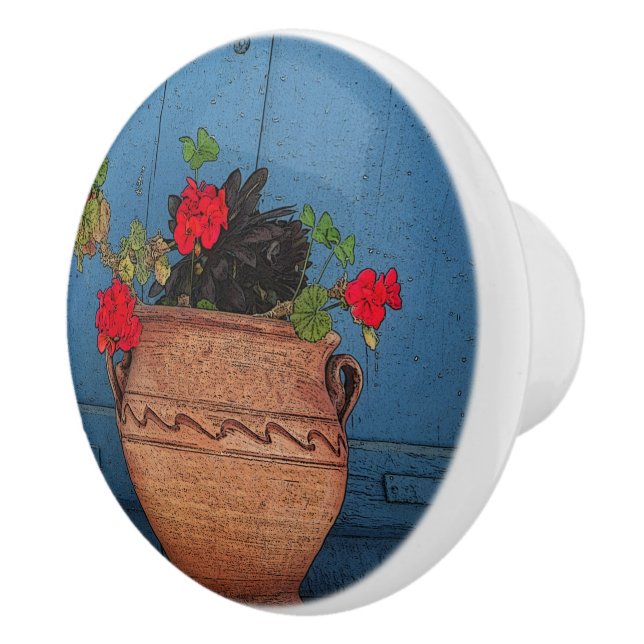 POMO DE CERÁMICA GERANIUMS ROJOS, TERRA COTTA POT, PUERTA AZUL (Derecha)