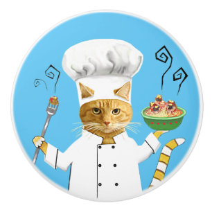 Pomo De Cerámica Ginger Kitty Chef en el Knob de Cerámica Azul
