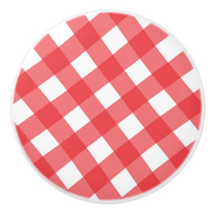 Pomo De Cerámica Gingham a cuadros rojos y blancos del país