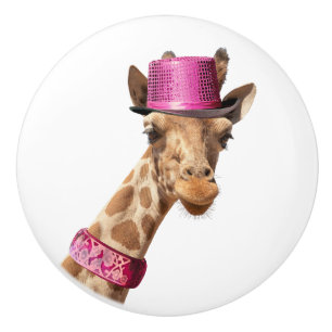 Pomo De Cerámica Giraffe en gorra rosa brillante