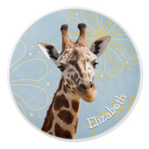 Pomo De Cerámica Giraffe en soleado cielo azul niños de fondo nombr