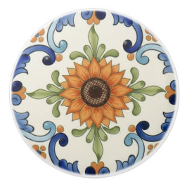 Pomo De Cerámica Girasol Flor Mediterráneo Naranja Azul Crema