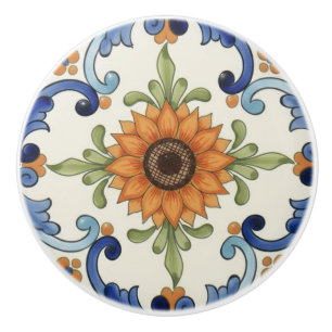Pomo De Cerámica Girasol Flor Mediterráneo Naranja Azul Crema