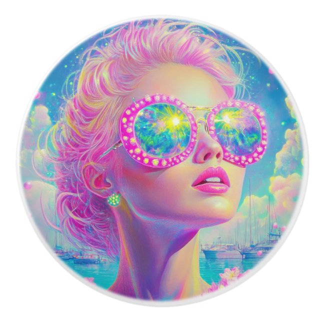 Pomo De Cerámica Glamorosa mujer neón con gafas de espuma (Anverso)