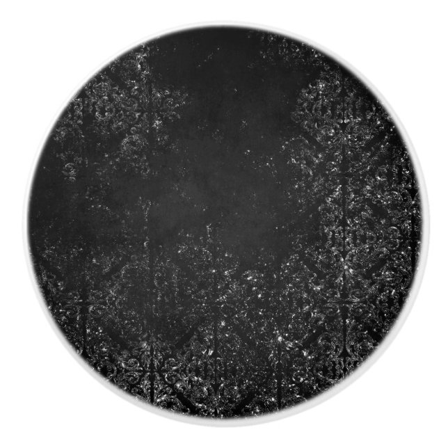 Pomo De Cerámica Glimmery Onyx Grunge | Silvery Black Glam Damask (Anverso)
