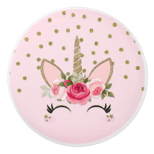 Pomo De Cerámica Glitter de Oro y Unicornio Floral Rosa de Moda