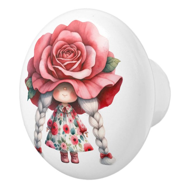 Pomo De Cerámica Gnome Chica floral rojo pequeño bonito (Derecha)