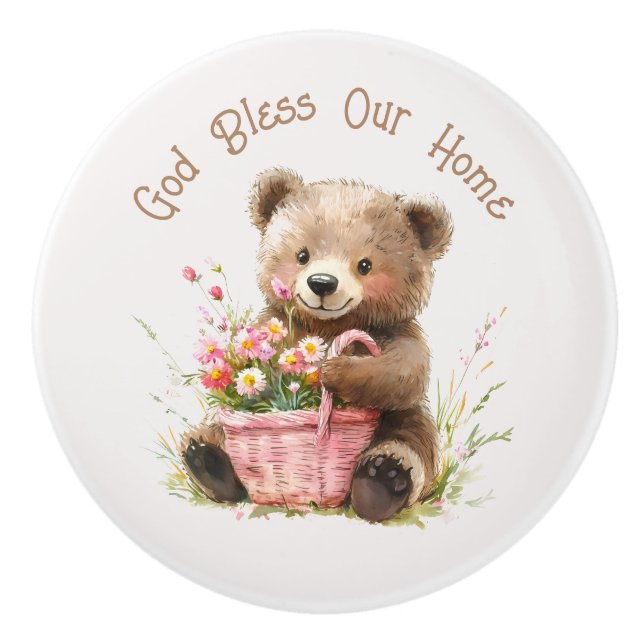 Pomo De Cerámica God Bless Our Home Cute Teddy Bear  (Anverso)