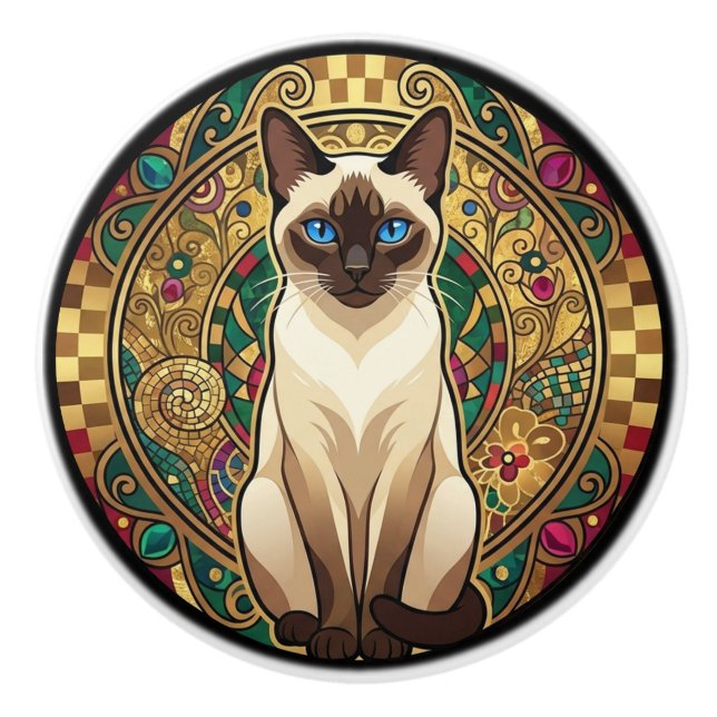 Pomo De Cerámica Gold Art Nouveau Siamese Cat (Anverso)