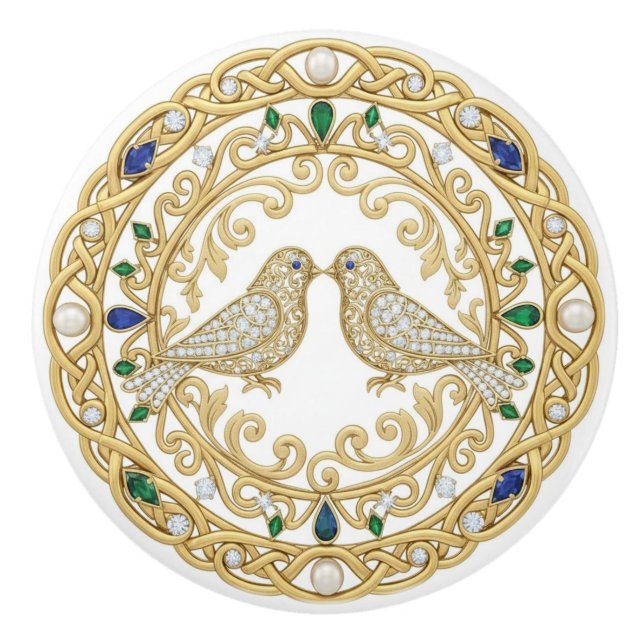 Pomo De Cerámica Gold Crystal Birds faux 2D graphic gemstones (Anverso)