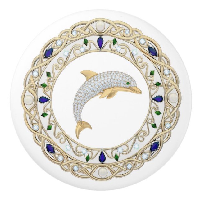 Pomo De Cerámica Gold Crystal Dolphin 2Dgraphic Ocean Sea Marine (Anverso)