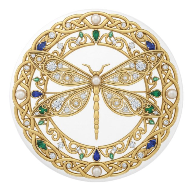 Pomo De Cerámica Gold Crystal Dragonfly faux 2D graphic gemstones (Anverso)