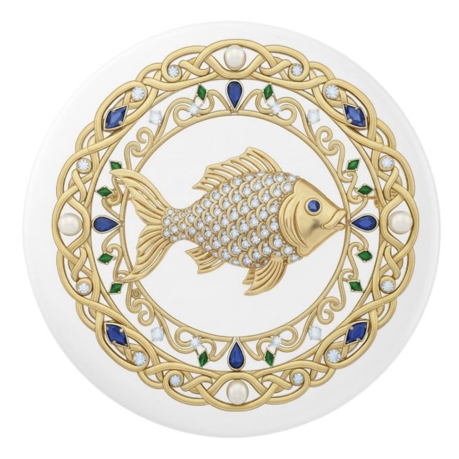 Pomo De Cerámica Gold Crystal Fish 2Dgraphic gemstone Sea Ocean (Anverso)