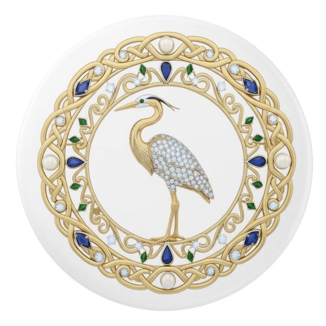 Pomo De Cerámica Gold Crystal Heron Sea Bird 2Dgraphic gemstone (Anverso)