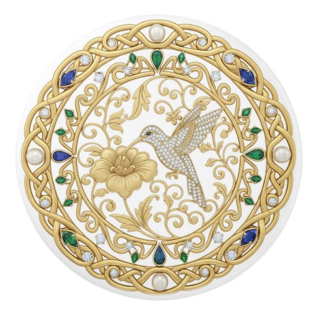 Pomo De Cerámica Gold Crystal Hummingbird Bird 2D graphic gemstones (Anverso)