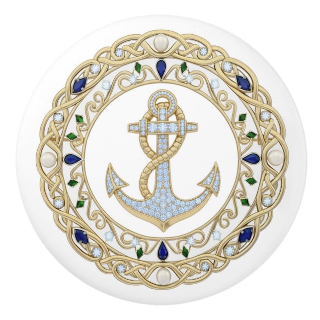 Pomo De Cerámica Gold Crystal Nautical Anchor Diamond 2DGraphic (Anverso)