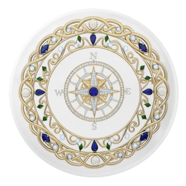 Pomo De Cerámica Gold Crystal Nautical Captain Ship Compass Rose (Anverso)