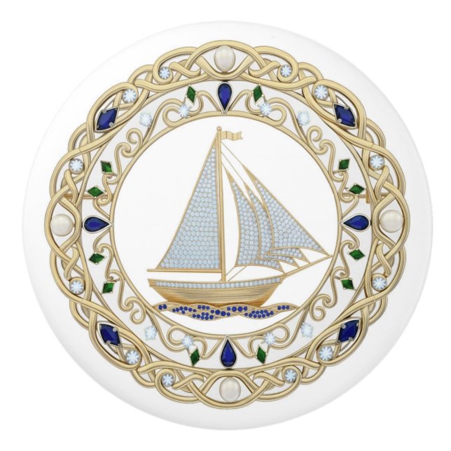 Pomo De Cerámica Gold Crystal Nautical Sail Boat Sailing 2DGraphic (Anverso)