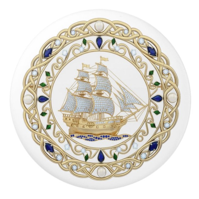 Pomo De Cerámica Gold Crystal Nautical Ship Boat Sailing 2DGraphic (Anverso)