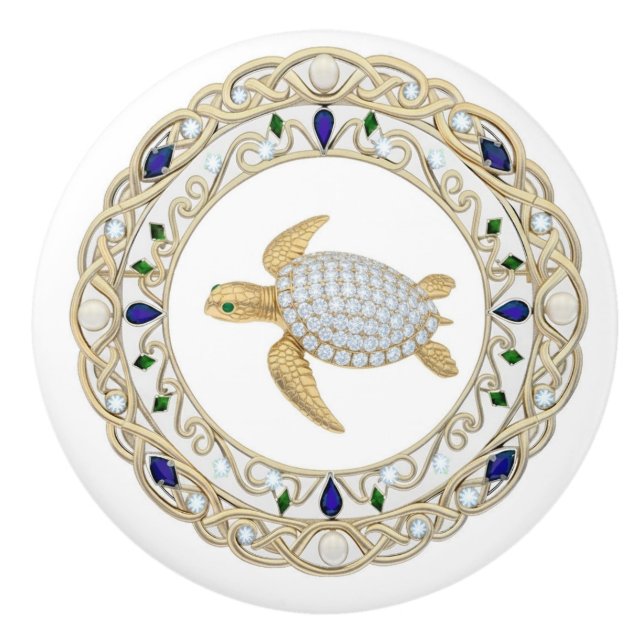 Pomo De Cerámica Gold Crystal Sea Turtle 2Dgraphic Diamond Ocean (Anverso)