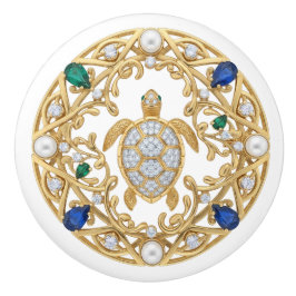 Pomo De Cerámica Gold Crystal Sea Turtle 2Dgraphic gemstone Ocean