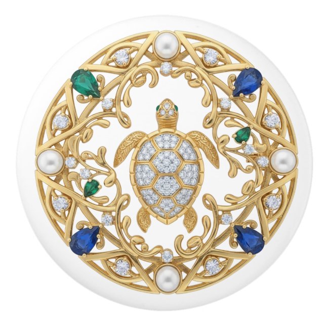 Pomo De Cerámica Gold Crystal Sea Turtle 2Dgraphic gemstone Ocean (Anverso)