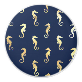 Pomo De Cerámica Gold Tone Seahorses over Navy Blue