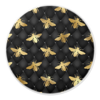 Pomo De Cerámica Golden honeybee on black background door pull/knob