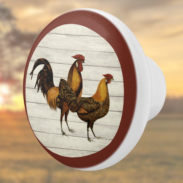 Pomo De Cerámica Golden Penciled Hamburg Roosters Maroon Farmhouse (Subido por el creador)