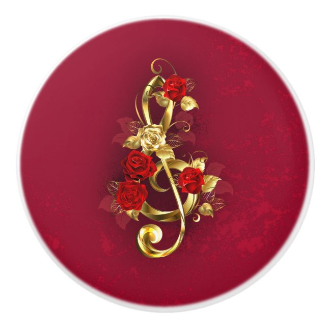 Pomo De Cerámica Golden Treble Clef con flores Rosas (Anverso)