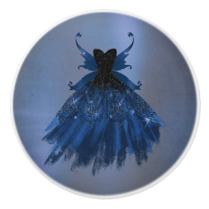 Pomo De Cerámica Gothic Fairy Navy Gown   Hojas azules de cobalto p