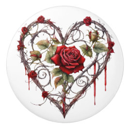 Pomo De Cerámica Gothic Red Rose Heart Vine Artwork Vintage Elegant