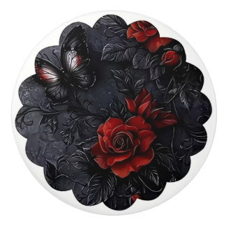 Pomo De Cerámica Gothic Rose and Butterfly Design
