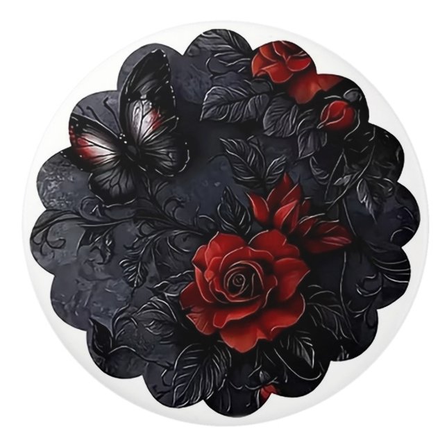 Pomo De Cerámica Gothic Rose and Butterfly Design (Anverso)