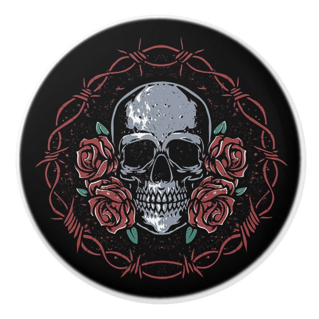 Pomo De Cerámica Gothic Skull and Roses (Anverso)