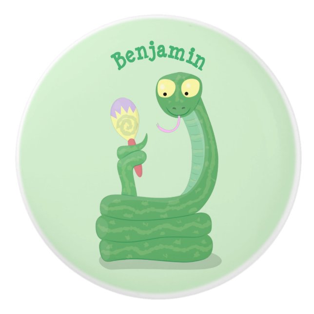 Pomo De Cerámica Graciosa serpiente verde con maraca personalizado (Anverso)