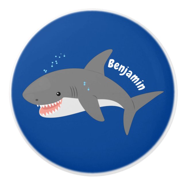 Pomo De Cerámica Gran ilustracion personalizado feliz de tiburón bl (Anverso)