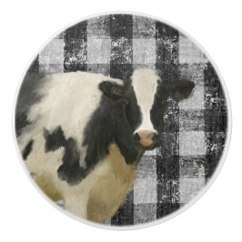Pomo De Cerámica Granja de vaca Rustic Black n White Gingham Check