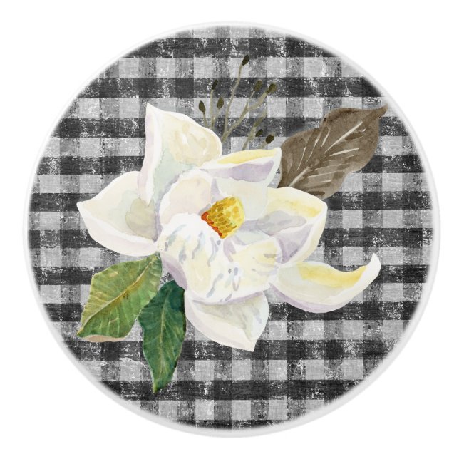 Pomo De Cerámica Granja Rustica Magnolia Negra y Blanca Gingham (Anverso)