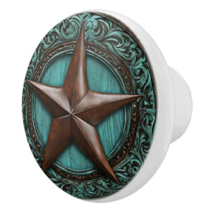 Pomo De Cerámica Granja Turquoise Cowboy País Occidental Texas Star