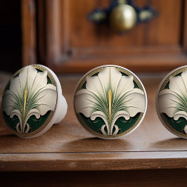 Pomo De Cerámica Green Calla Lily Gold Art Nouveau