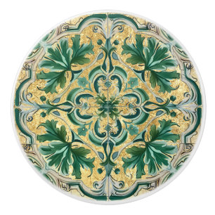 Pomo De Cerámica Green Tan Gold Look Talavera Azulejo Tile