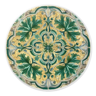 Pomo De Cerámica Green Tan Gold Look Talavera Azulejo Tile