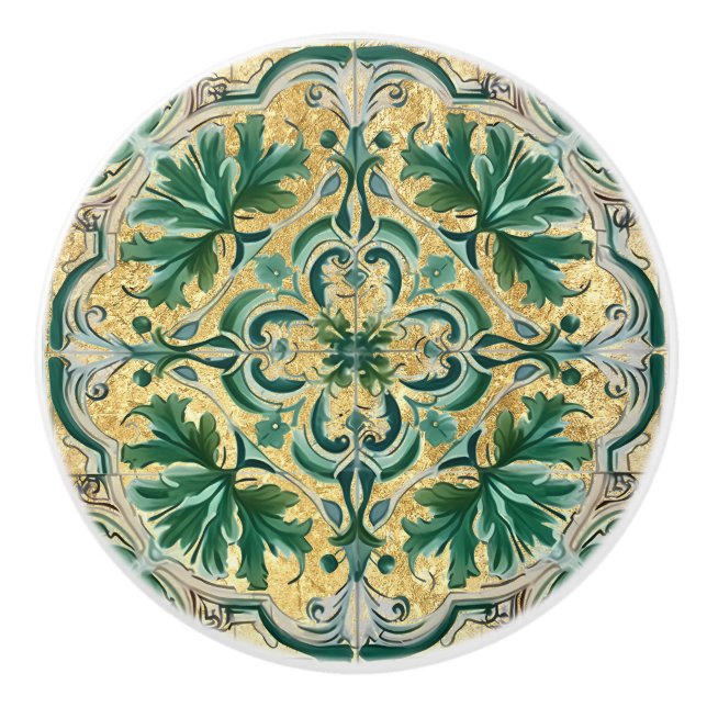 Pomo De Cerámica Green Tan Gold Look Talavera Azulejo Tile (Anverso)