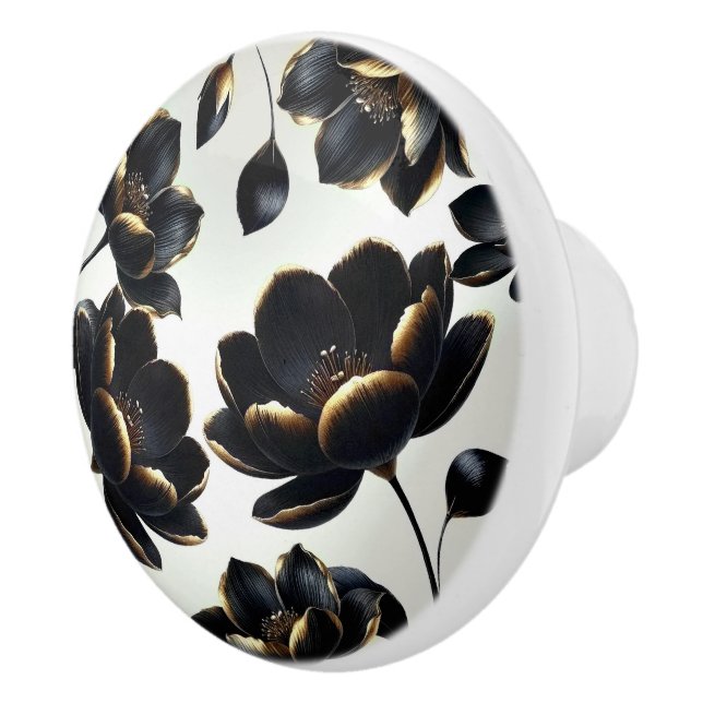 Pomo De Cerámica Gris floral negro y dorado elegante Moody oscuro (Derecha)