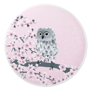 Pomo De Cerámica Gris rosado del búho y de las flores de cerezo