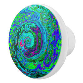 Pomo De Cerámica Groovy Resumen Swirl Retro Verde y Azul
