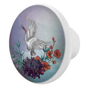 Pomo De Cerámica Grúa maravillosa con flores