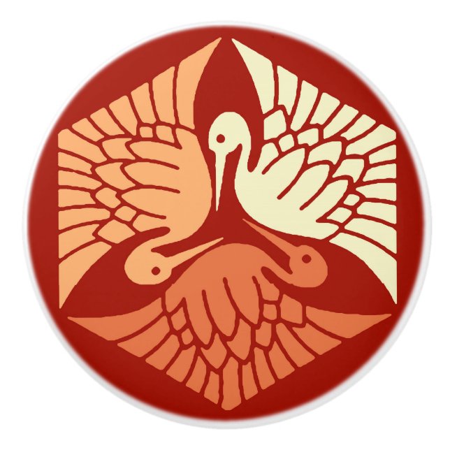 Pomo De Cerámica Grullas japonesas, mandarín y Naranja ligero (Anverso)