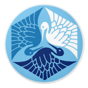 Pomo De Cerámica Grullas japonesas, marina, blanco y azul claro